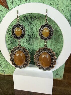 Shyanne Silver-Tone Earrings with Brown Cabochons